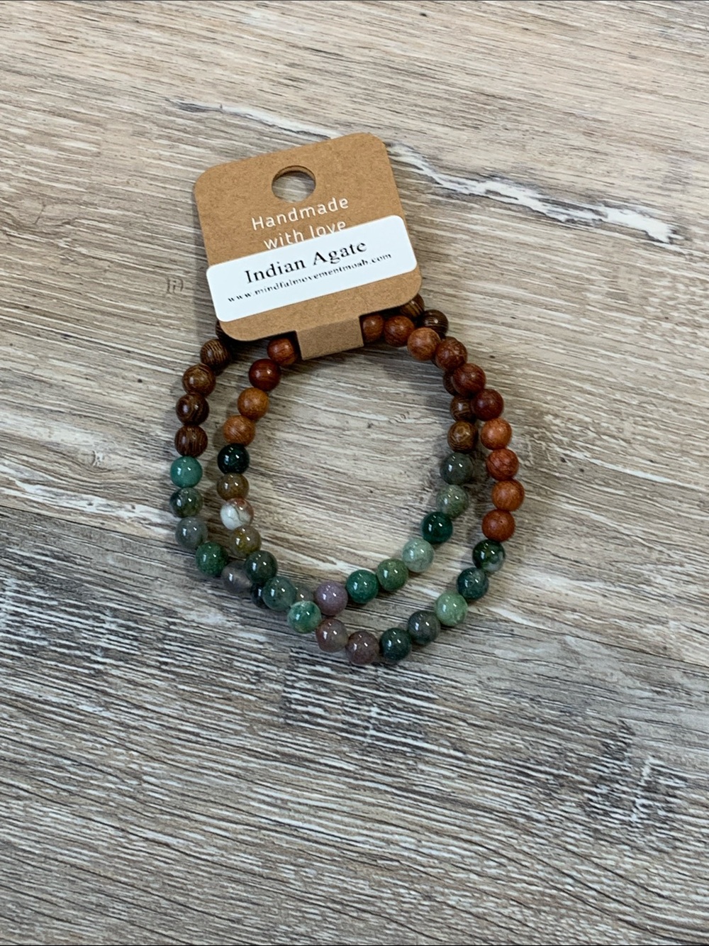 3/$10💕 Handmade Indian Agate & Wood Bead Stretch Bracelet Set - Green Brown